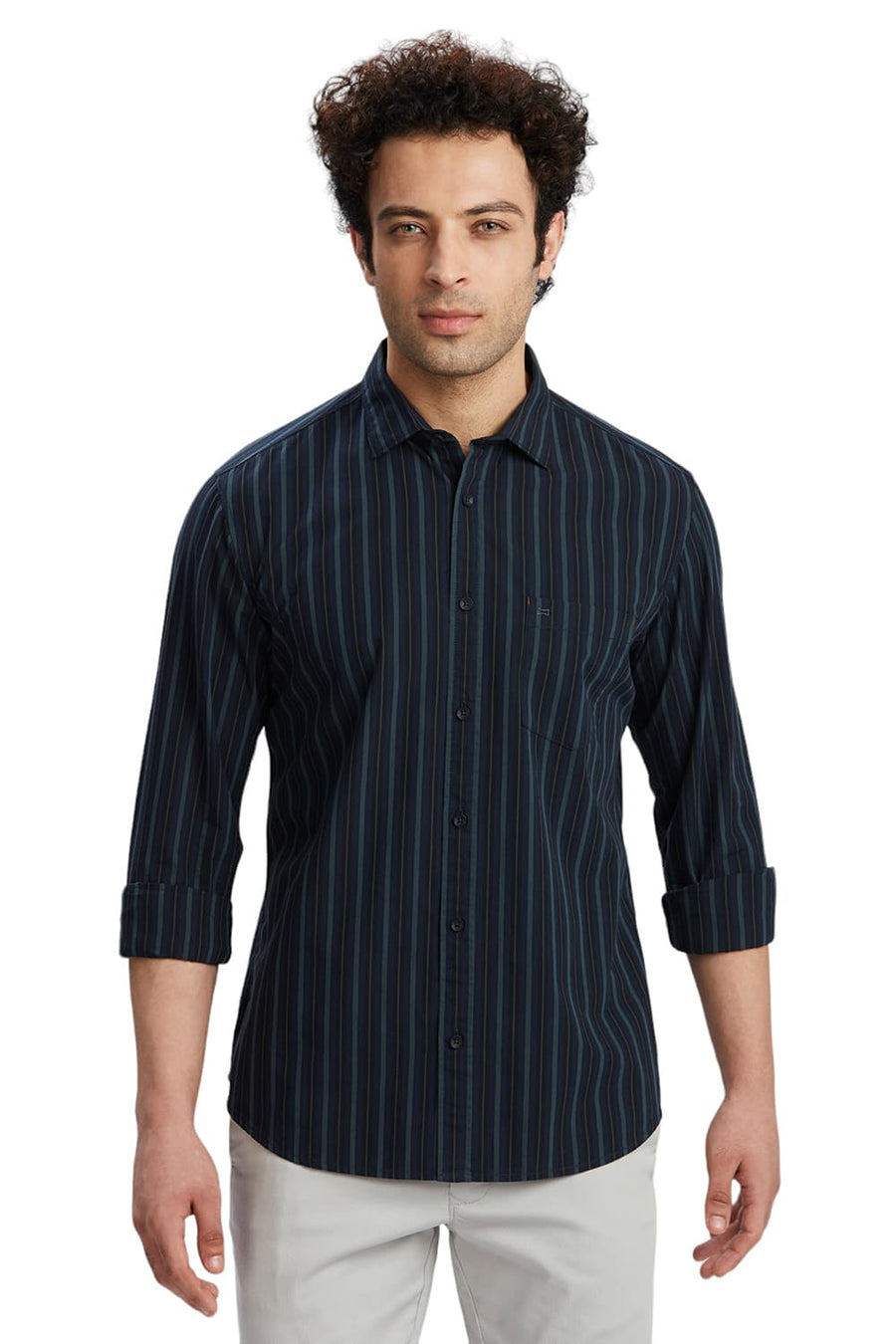 BASICS SLIM FIT INSIGNIA BLUE COTTON STRIPE SHIRT