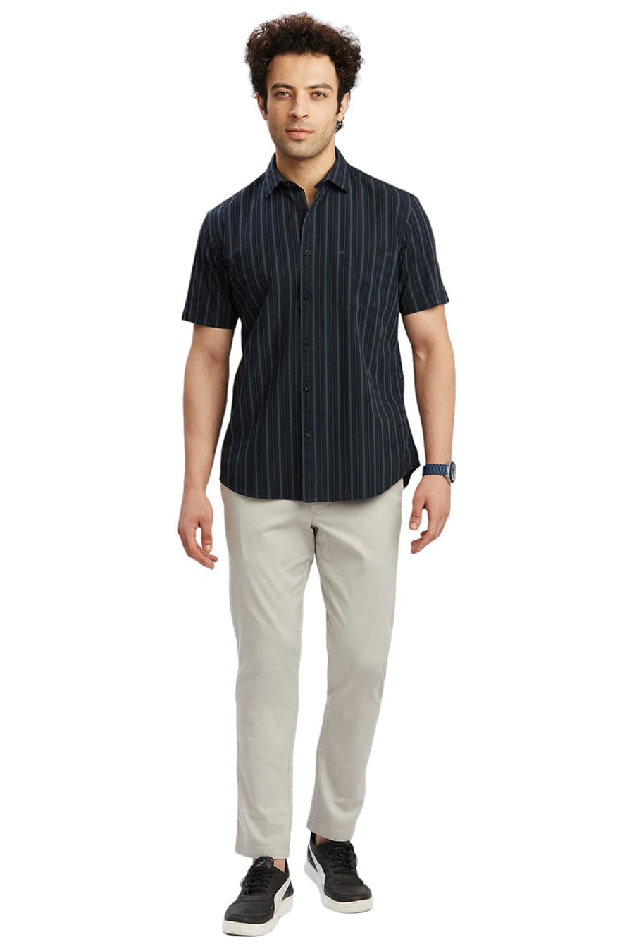 BASICS SLIM FIT INSIGNIA BLUE COTTON STRIPE HALFSLEEVES SHIRT