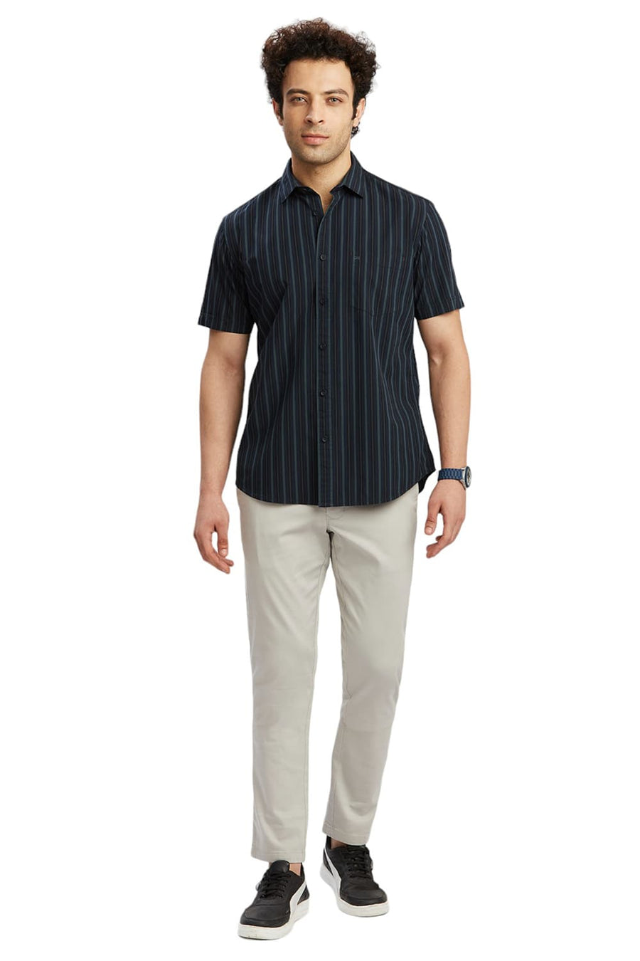 BASICS SLIM FIT INSIGNIA BLUE COTTON STRIPE SHIRT