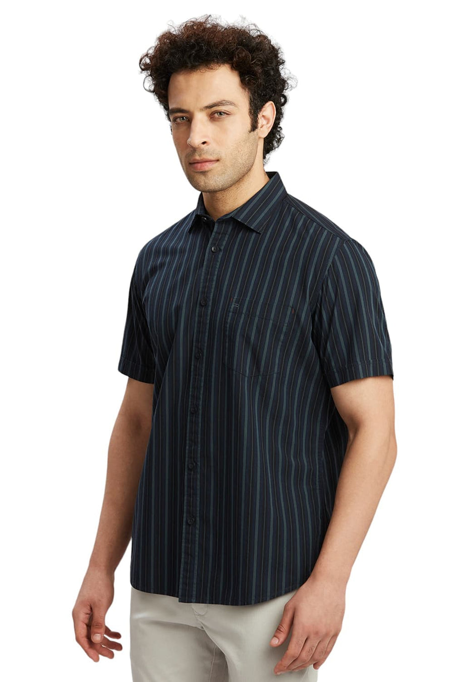 BASICS SLIM FIT INSIGNIA BLUE COTTON STRIPE HALFSLEEVES SHIRT