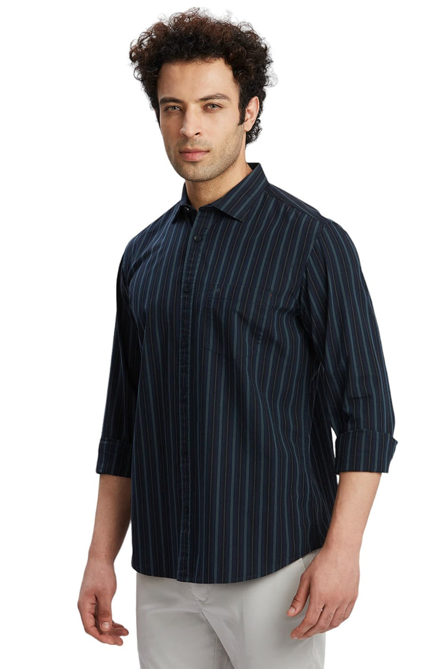 BASICS SLIM FIT INSIGNIA BLUE COTTON STRIPE SHIRT