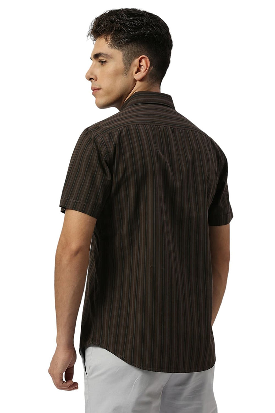 BASICS SLIM FIT COFFEE BROWN COTTON STRIPE HALFSLEEVES SHIRT