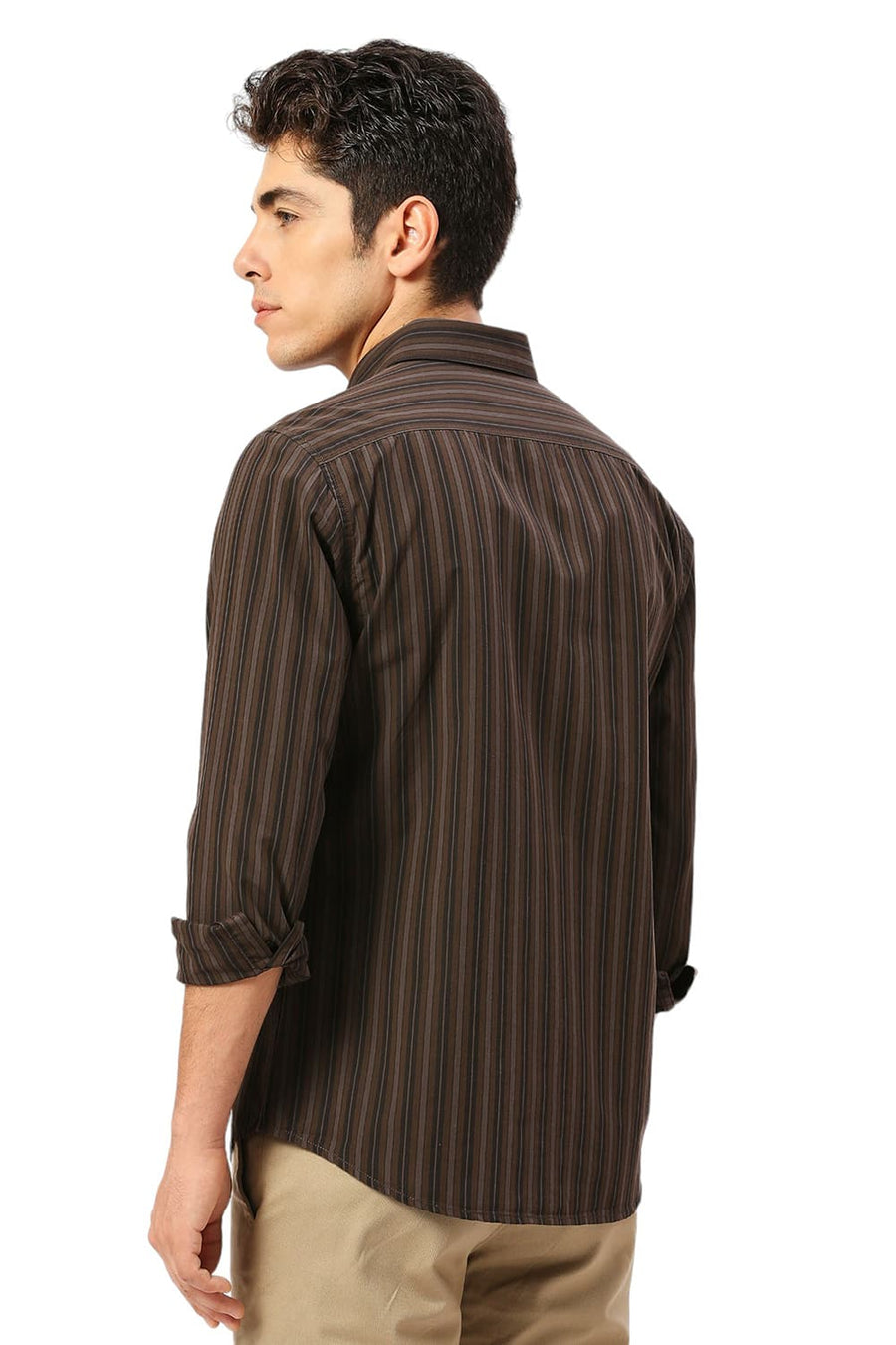 BASICS SLIM FIT COFFEE BROWN COTTON STRIPE SHIRT