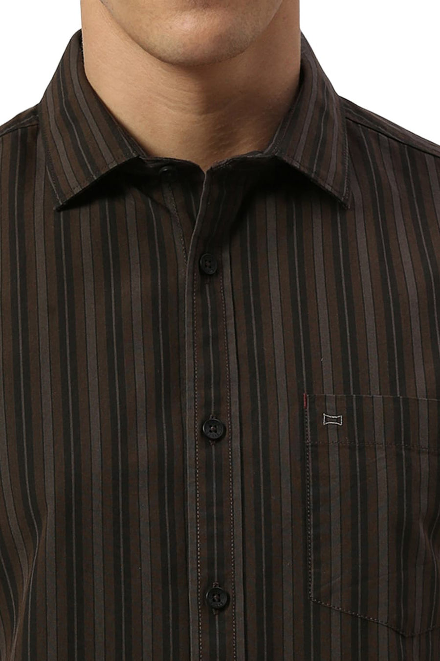 BASICS SLIM FIT COFFEE BROWN COTTON STRIPE HALFSLEEVES SHIRT
