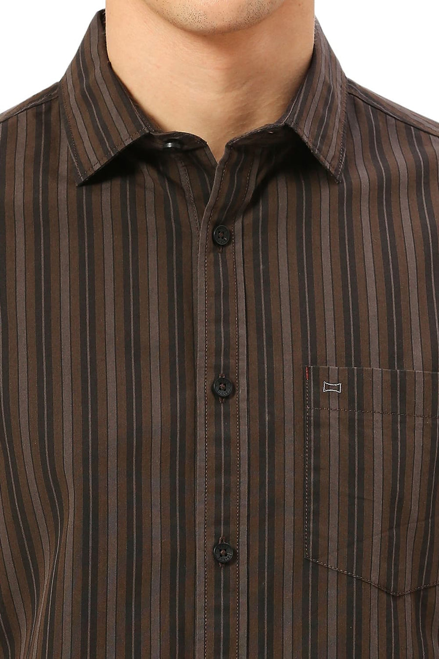 BASICS SLIM FIT COFFEE BROWN COTTON STRIPE SHIRT