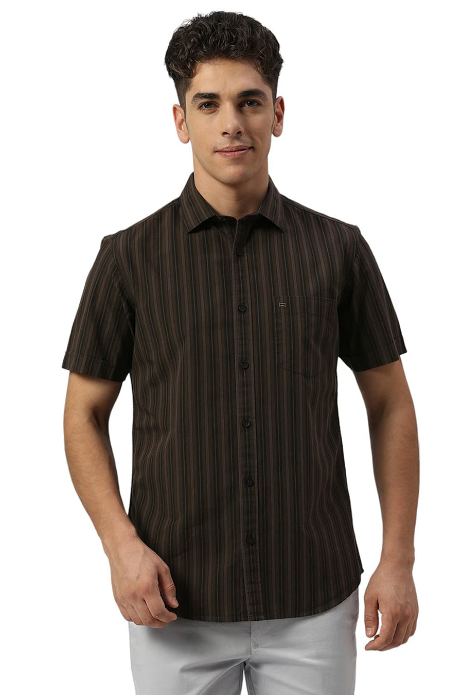 BASICS SLIM FIT COFFEE BROWN COTTON STRIPE HALFSLEEVES SHIRT