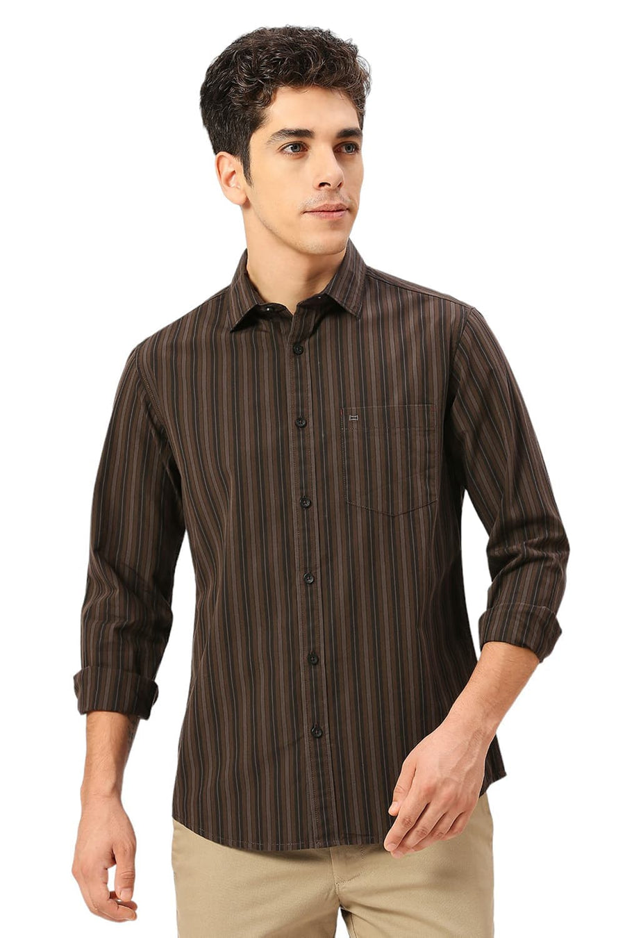 BASICS SLIM FIT COFFEE BROWN COTTON STRIPE SHIRT