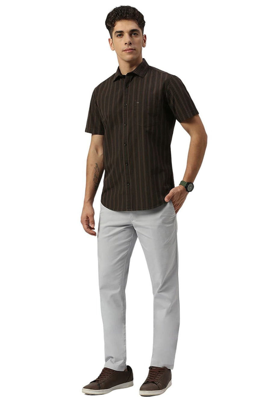 BASICS SLIM FIT COFFEE BROWN COTTON STRIPE HALFSLEEVES SHIRT
