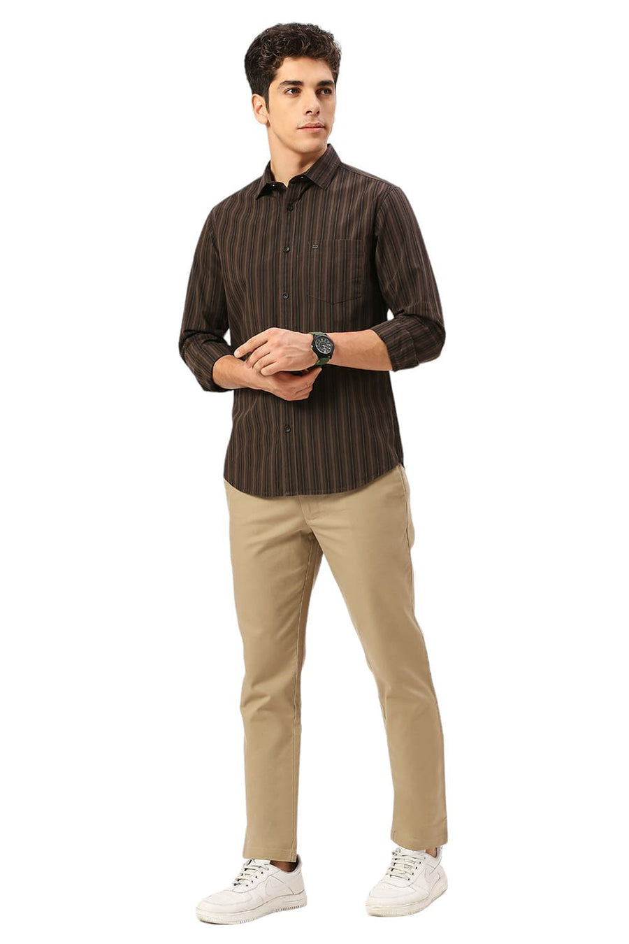 BASICS SLIM FIT COFFEE BROWN COTTON STRIPE SHIRT