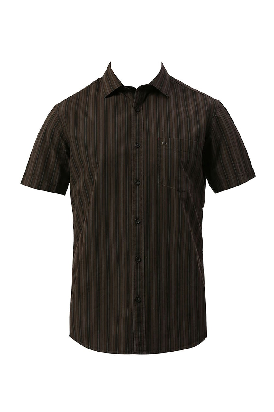 BASICS SLIM FIT COFFEE BROWN COTTON STRIPE HALFSLEEVES SHIRT