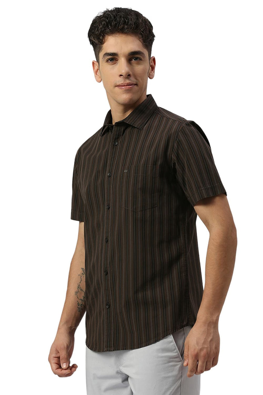 BASICS SLIM FIT COFFEE BROWN COTTON STRIPE HALFSLEEVES SHIRT