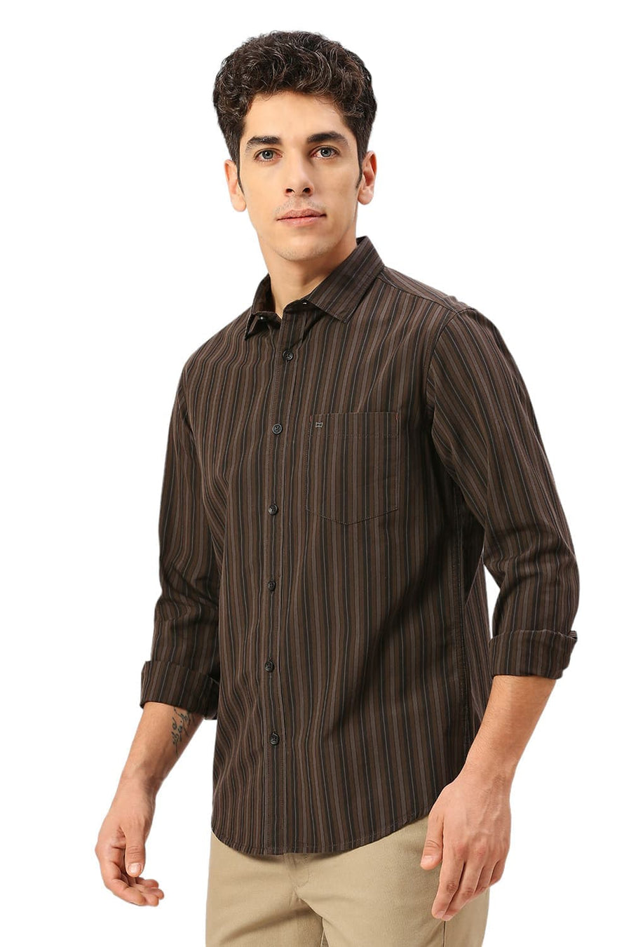 BASICS SLIM FIT COFFEE BROWN COTTON STRIPE SHIRT