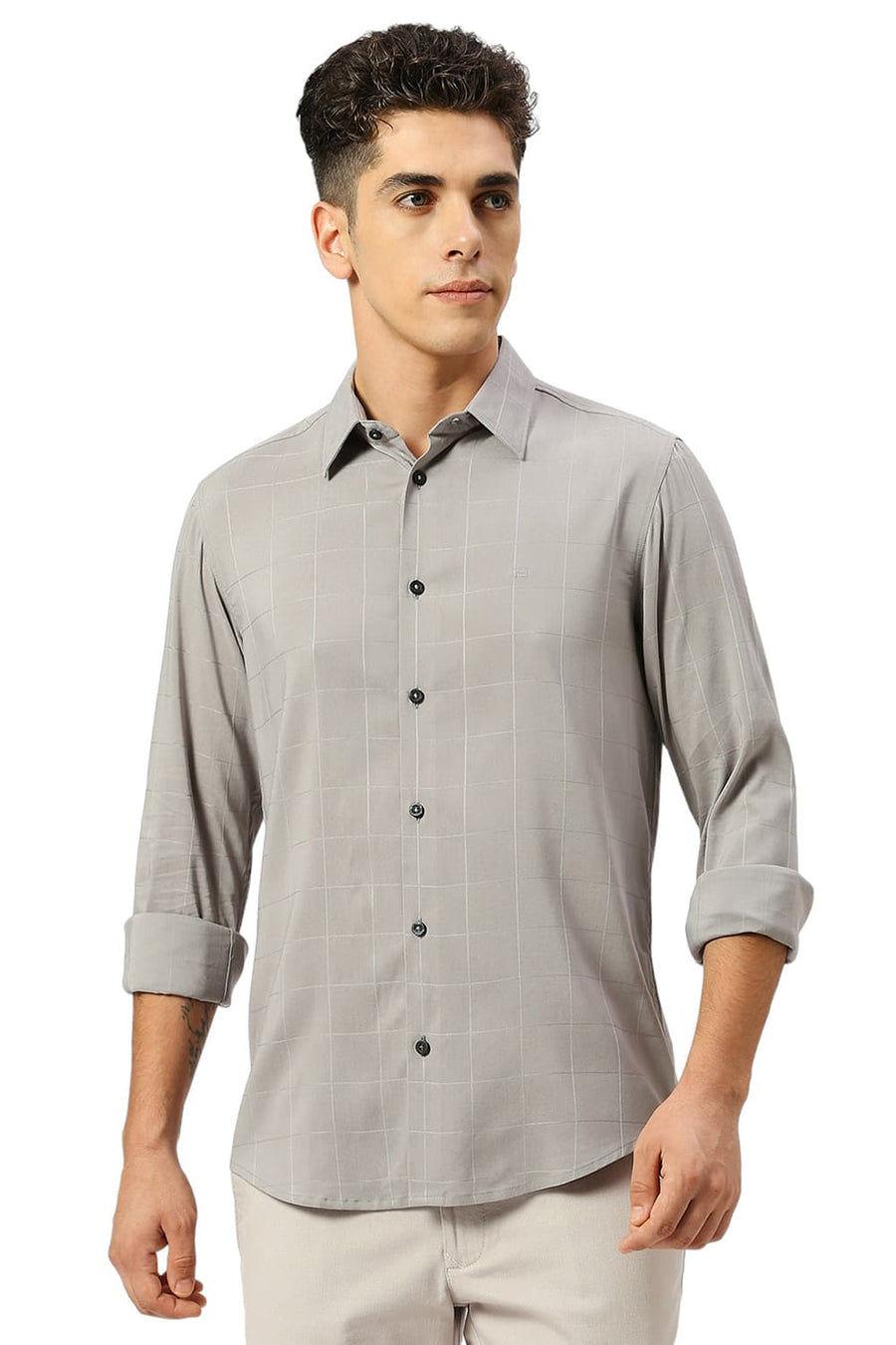 BASICS SLIM FIT DRIZZLE GREY TENCEL POLY LYCRA SHIRT