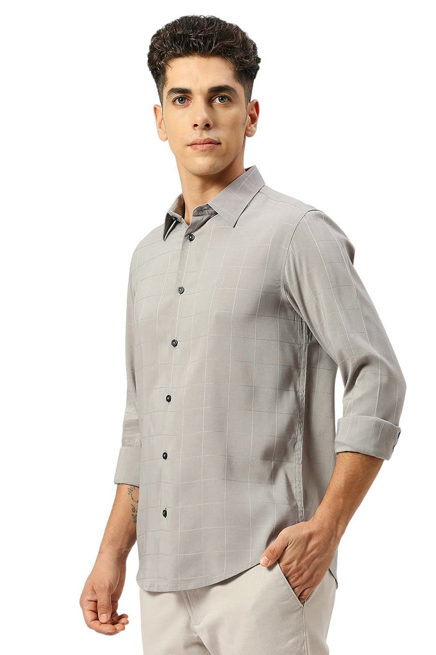 BASICS SLIM FIT DRIZZLE GREY TENCEL POLY LYCRA SHIRT