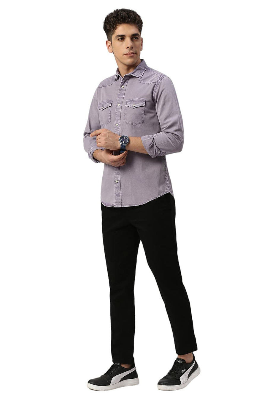 BASICS SLIM FIT PURPLE PLUM COTTON TWILL SHIRT
