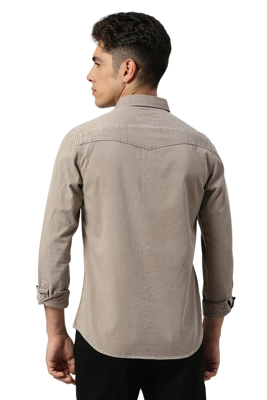BASICS SLIM FIT SLATE BROWN COTTON TWILL SHIRT