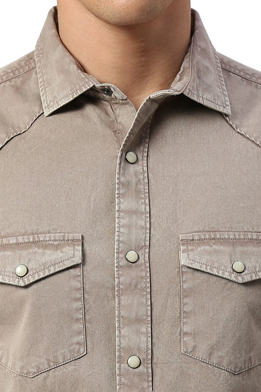 BASICS SLIM FIT SLATE BROWN COTTON TWILL SHIRT