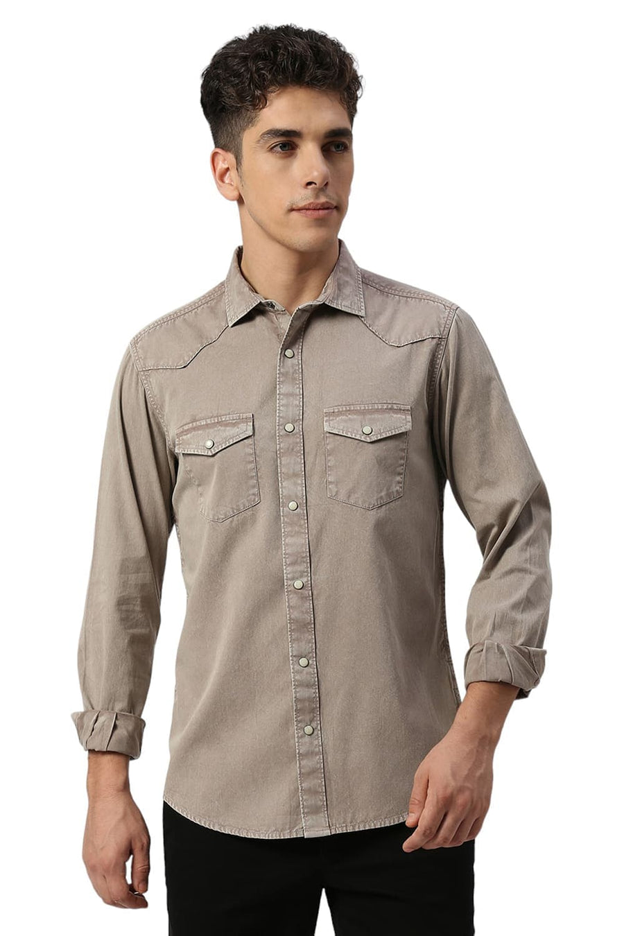 BASICS SLIM FIT SLATE BROWN COTTON TWILL SHIRT
