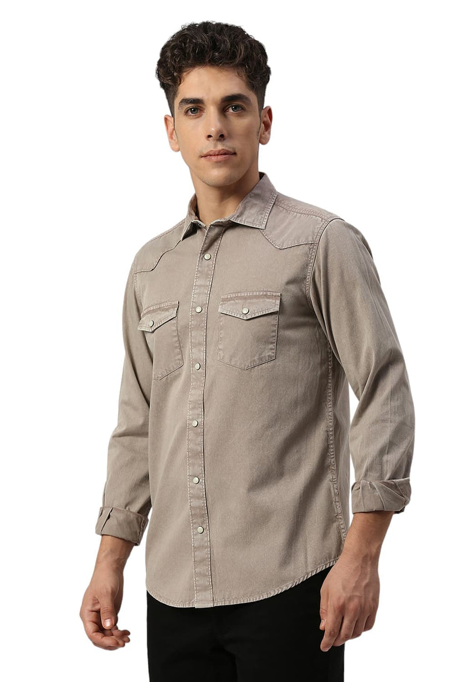 BASICS SLIM FIT SLATE BROWN COTTON TWILL SHIRT