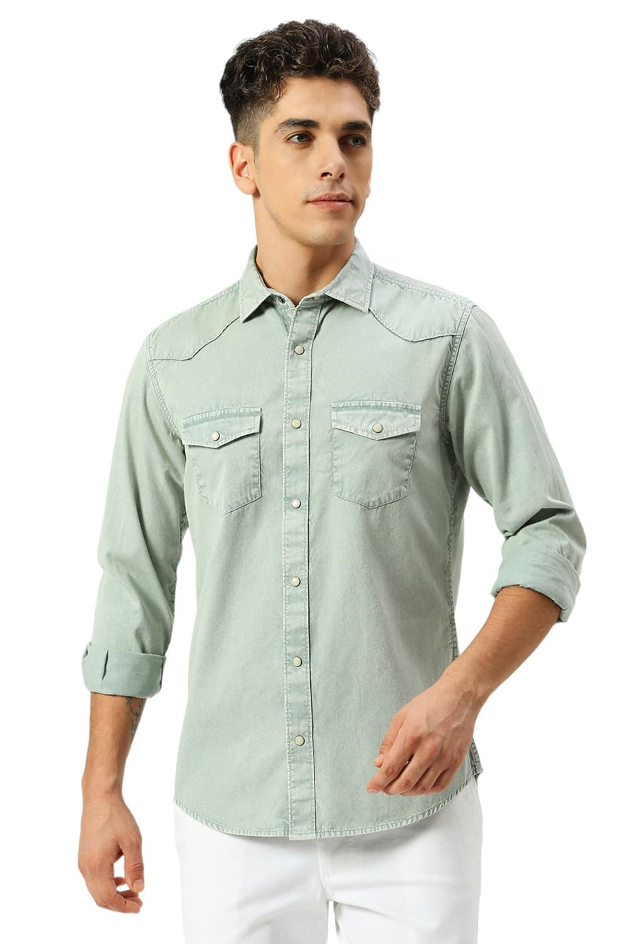 BASICS SLIM FIT GRANITE GREEN COTTON TWILL SHIRT