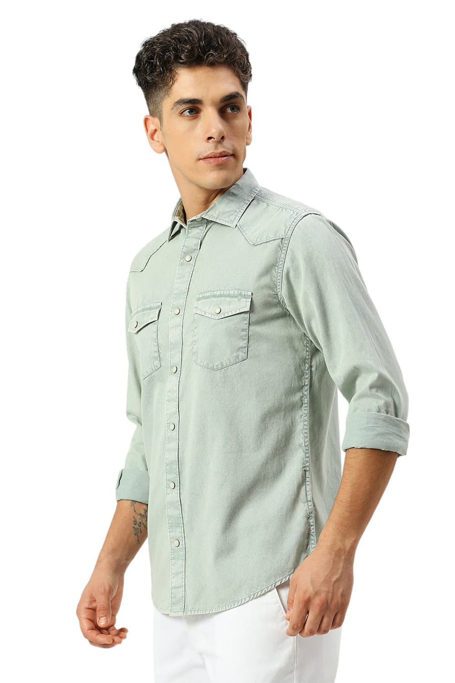 BASICS SLIM FIT GRANITE GREEN COTTON TWILL SHIRT