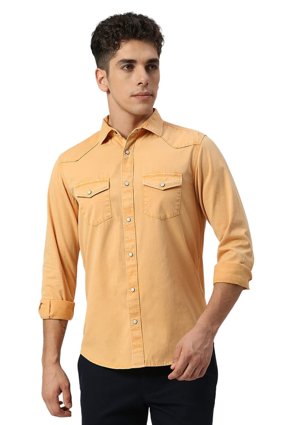 BASICS SLIM FIT OAK YELLOW COTTON TWILL SHIRT