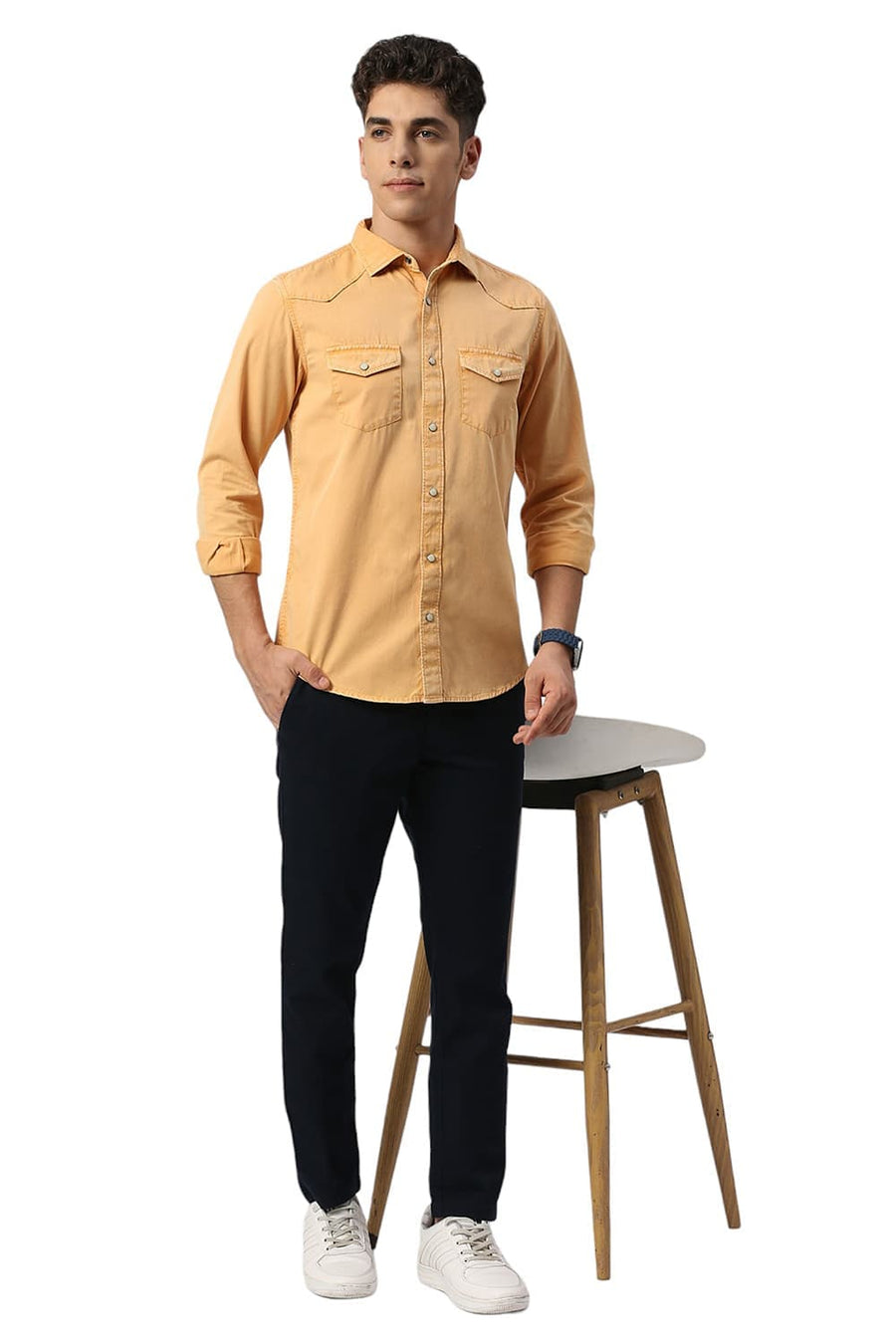 BASICS SLIM FIT OAK YELLOW COTTON TWILL SHIRT