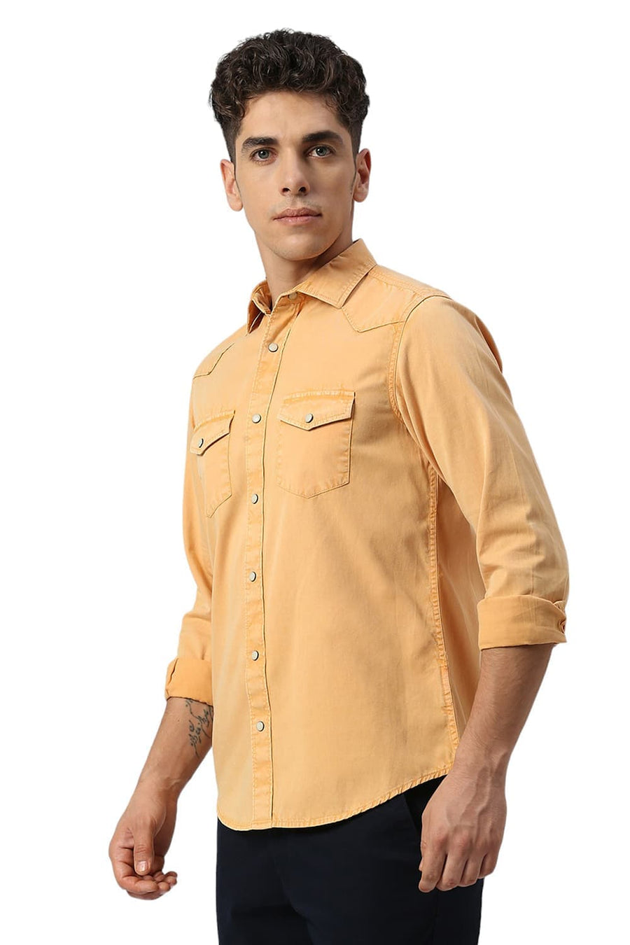 BASICS SLIM FIT OAK YELLOW COTTON TWILL SHIRT