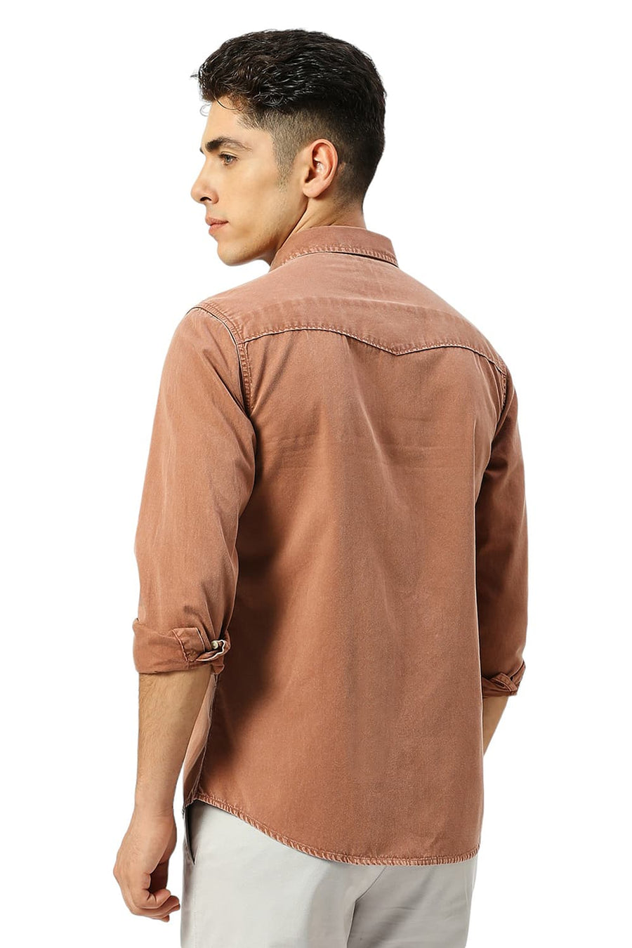 BASICS SLIM FIT RUSSET BROWN COTTON TWILL SHIRT