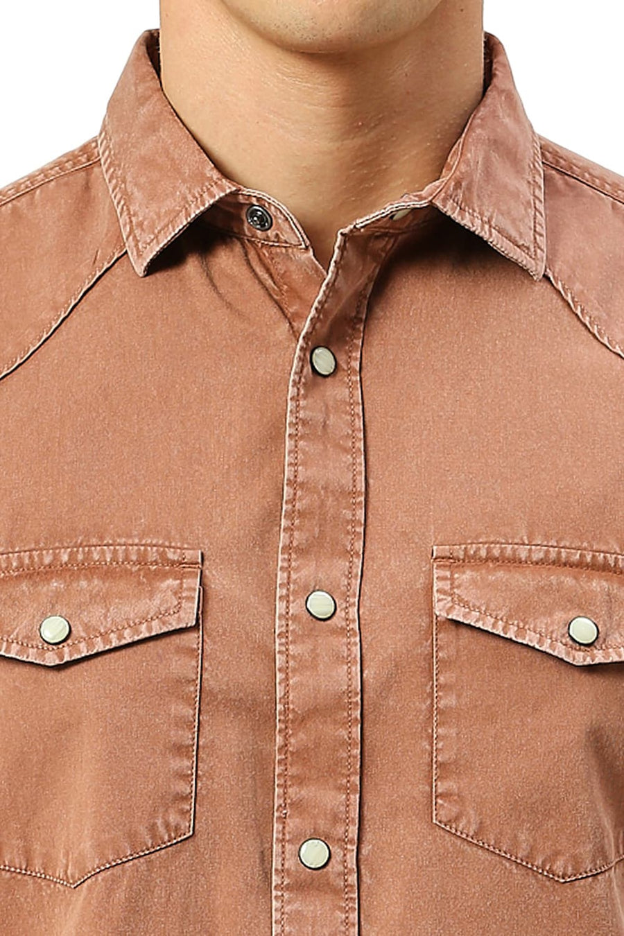 BASICS SLIM FIT RUSSET BROWN COTTON TWILL SHIRT