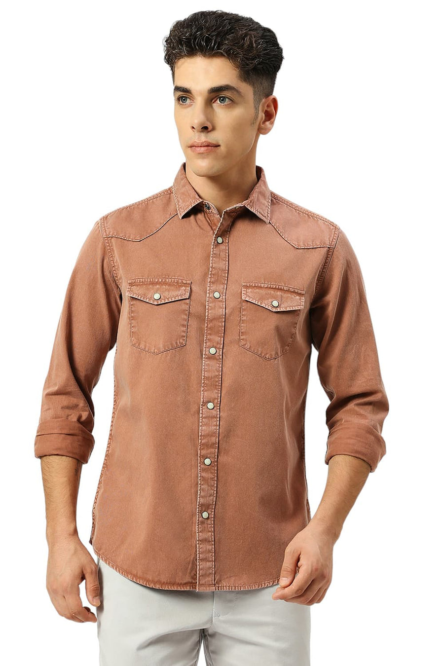 BASICS SLIM FIT RUSSET BROWN COTTON TWILL SHIRT