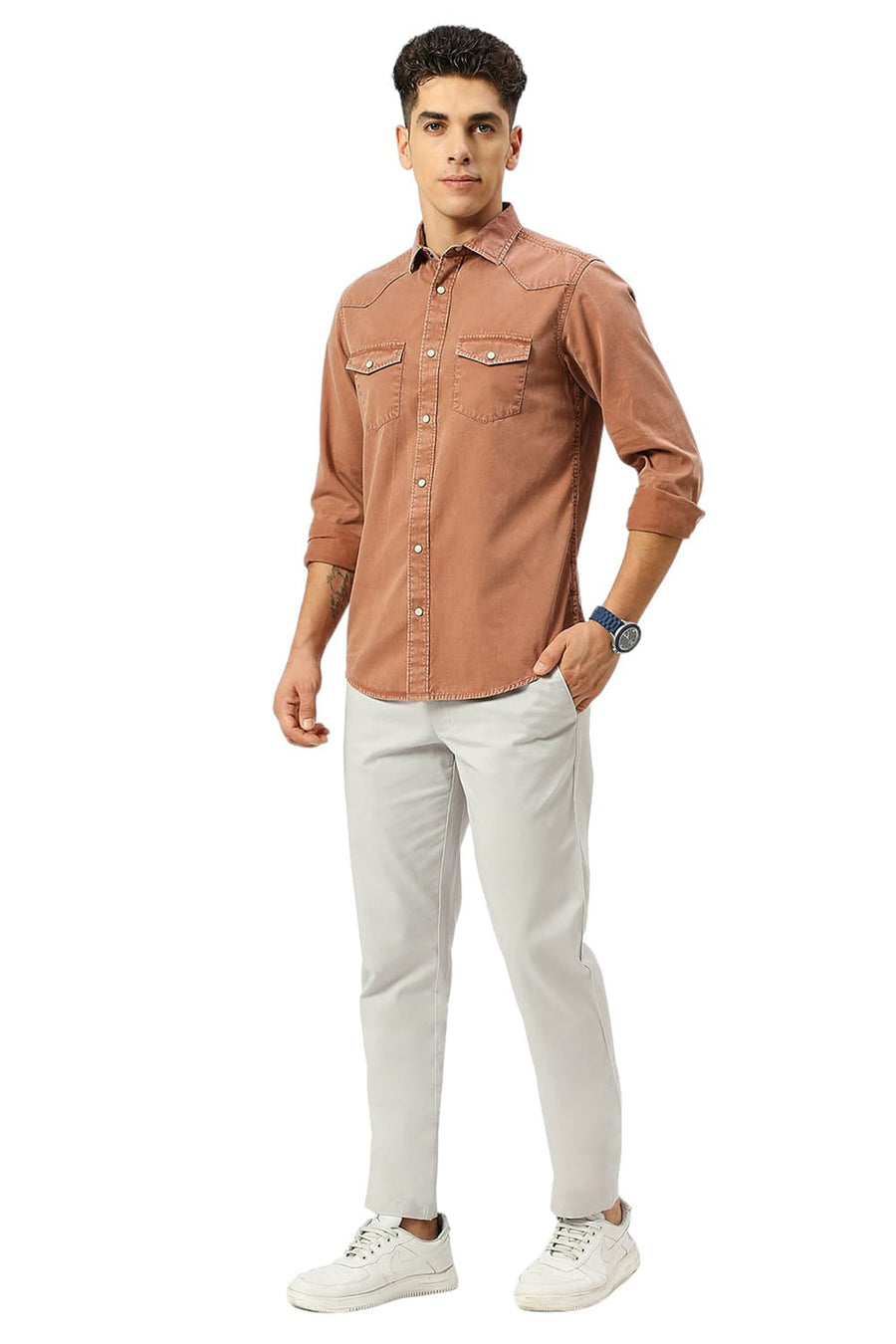 BASICS SLIM FIT RUSSET BROWN COTTON TWILL SHIRT
