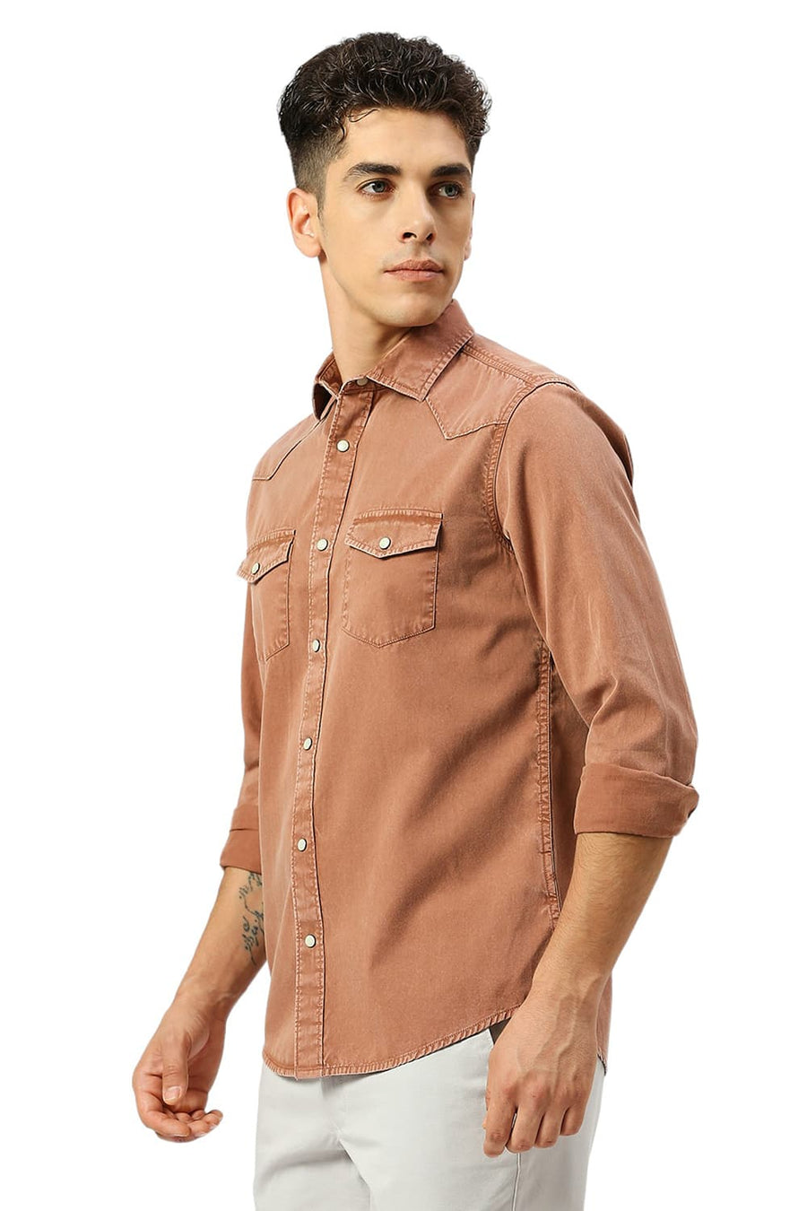 BASICS SLIM FIT RUSSET BROWN COTTON TWILL SHIRT