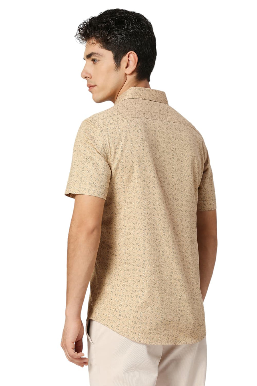 BASICS SLIM FIT SEMOLINA KHAKI COTTON CREPE PRINTED HALFSLEEVES SHIRT