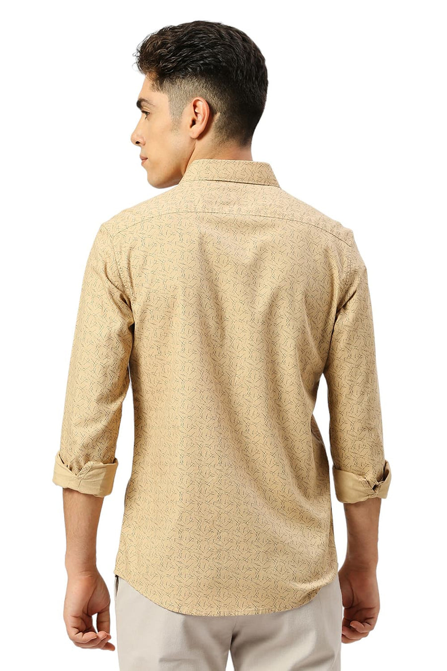 BASICS SLIM FIT SEMOLINA KHAKI COTTON CREPE PRINTED SHIRT