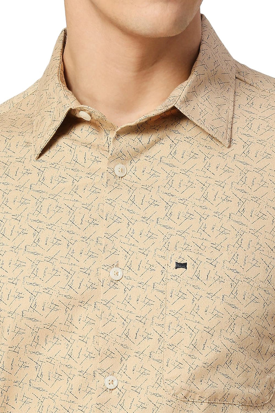 BASICS SLIM FIT SEMOLINA KHAKI COTTON CREPE PRINTED HALFSLEEVES SHIRT