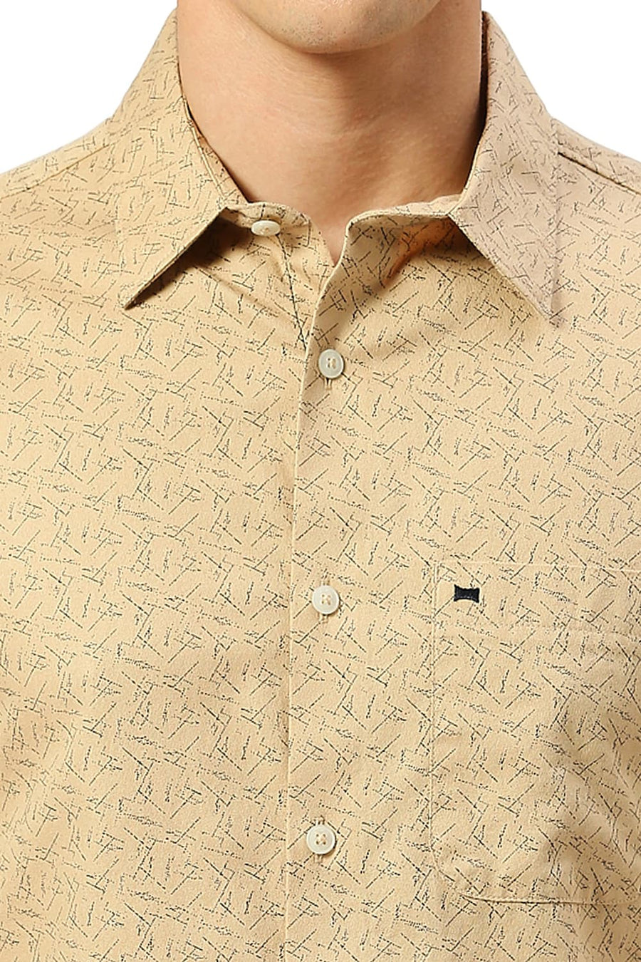 BASICS SLIM FIT SEMOLINA KHAKI COTTON CREPE PRINTED SHIRT