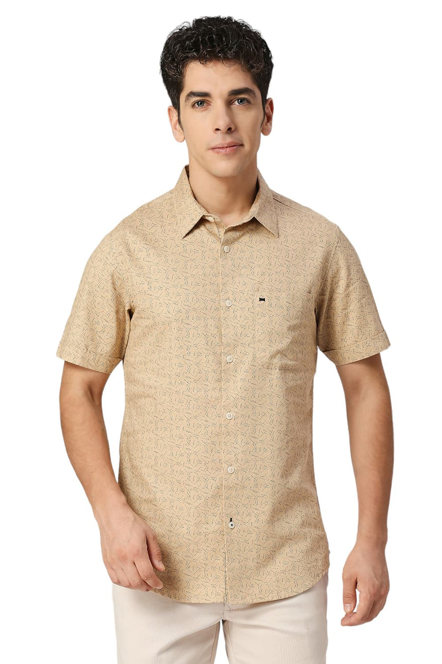 BASICS SLIM FIT SEMOLINA KHAKI COTTON CREPE PRINTED HALFSLEEVES SHIRT