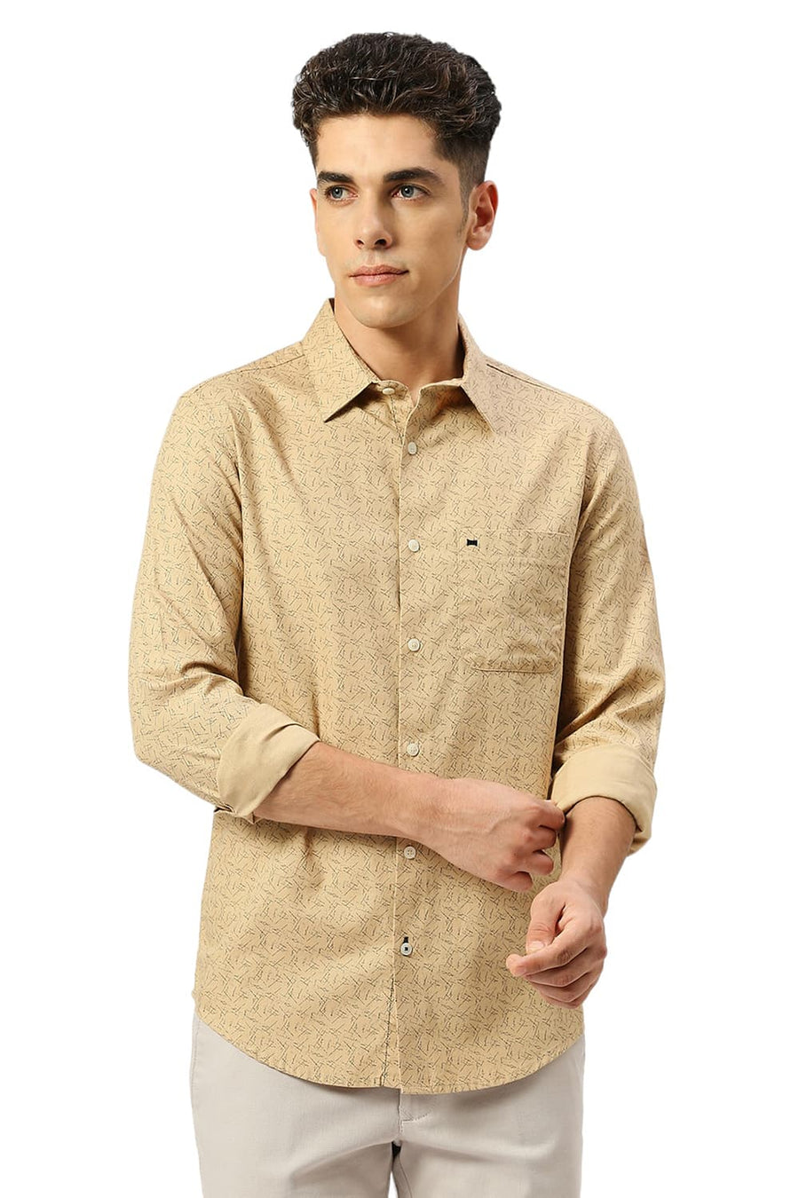 BASICS SLIM FIT SEMOLINA KHAKI COTTON CREPE PRINTED SHIRT
