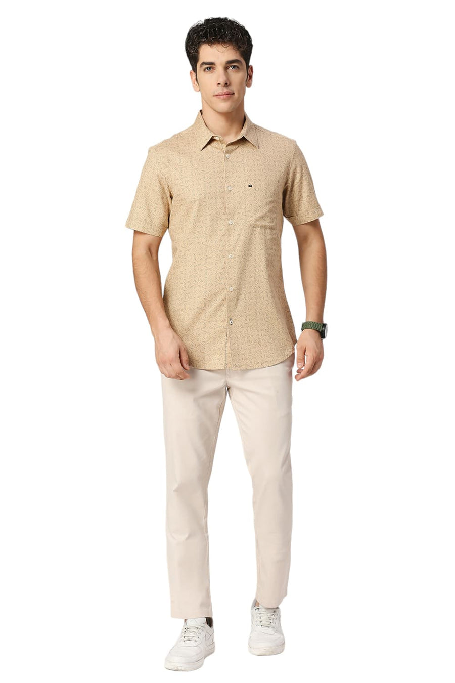 BASICS SLIM FIT SEMOLINA KHAKI COTTON CREPE PRINTED HALFSLEEVES SHIRT