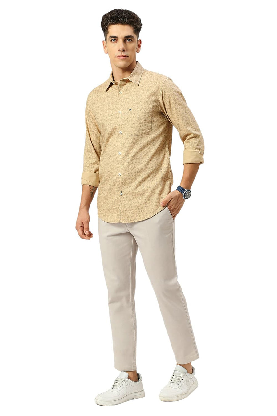 BASICS SLIM FIT SEMOLINA KHAKI COTTON CREPE PRINTED SHIRT