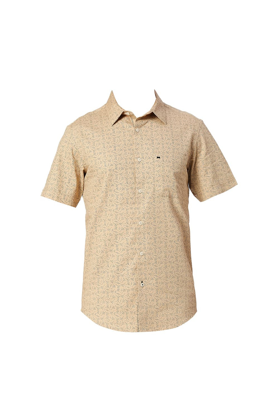 BASICS SLIM FIT SEMOLINA KHAKI COTTON CREPE PRINTED HALFSLEEVES SHIRT