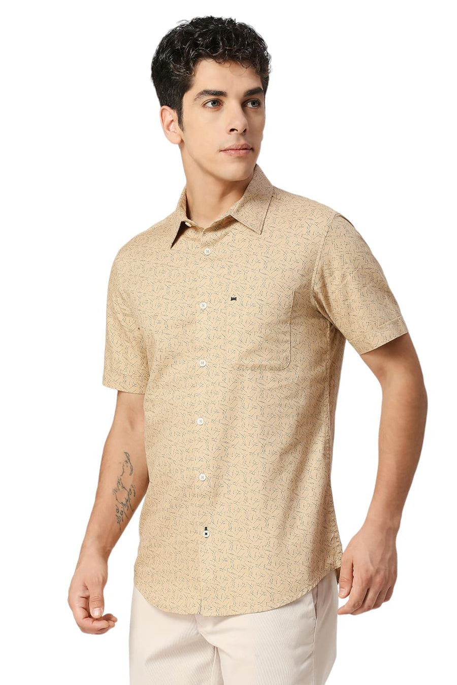 BASICS SLIM FIT SEMOLINA KHAKI COTTON CREPE PRINTED HALFSLEEVES SHIRT