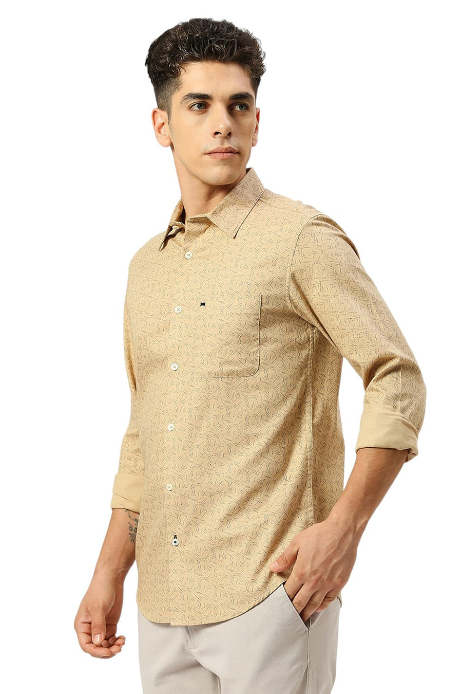 BASICS SLIM FIT SEMOLINA KHAKI COTTON CREPE PRINTED SHIRT