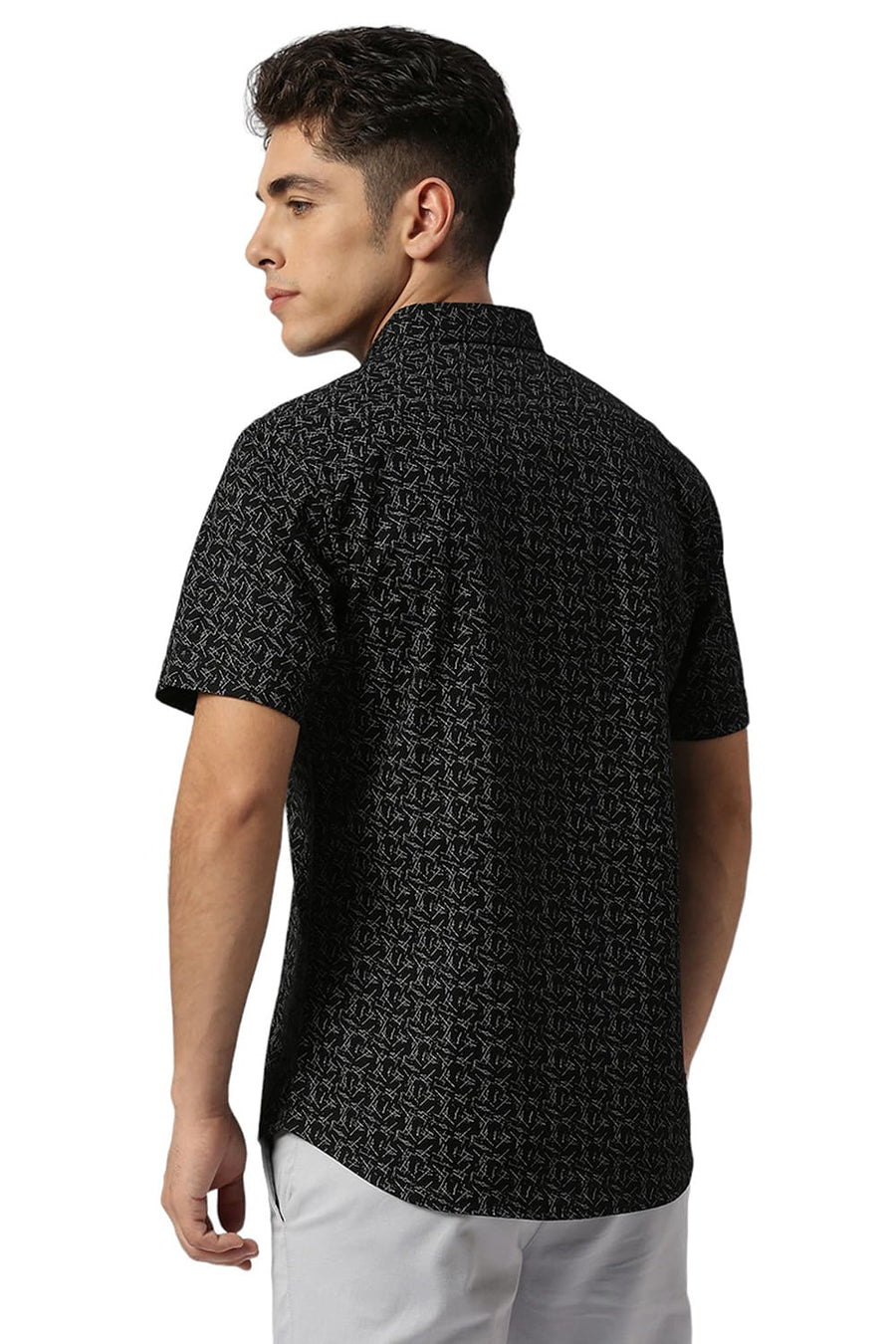 BASICS SLIM FIT MOONLESS BLACK COTTON CREPE PRINTED HALFSLEEVES SHIRT