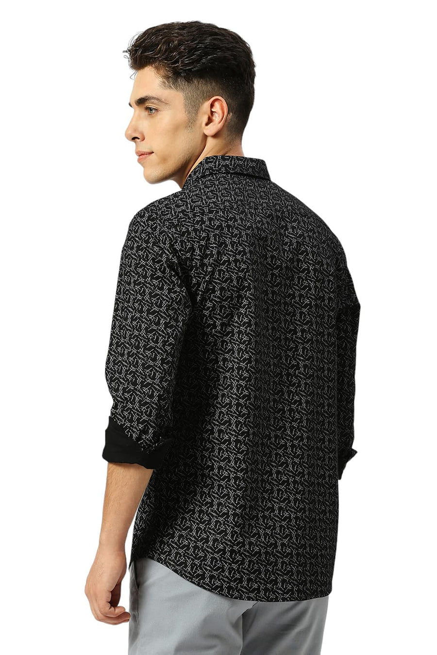 BASICS SLIM FIT MOONLESS BLACK COTTON CREPE PRINTED SHIRT