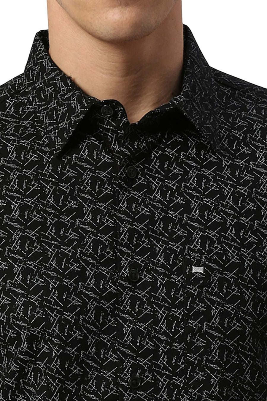 BASICS SLIM FIT MOONLESS BLACK COTTON CREPE PRINTED HALFSLEEVES SHIRT