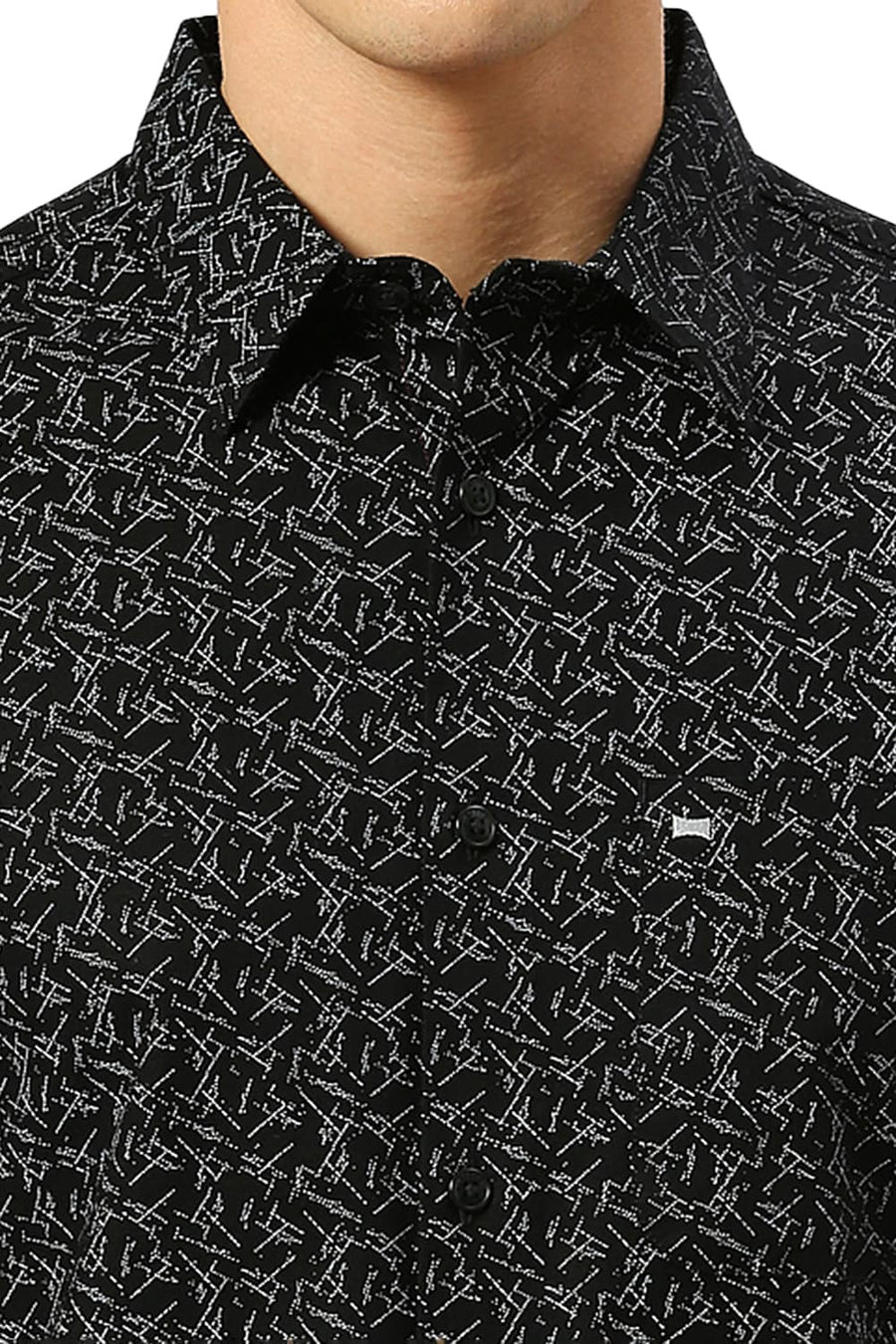 BASICS SLIM FIT MOONLESS BLACK COTTON CREPE PRINTED SHIRT