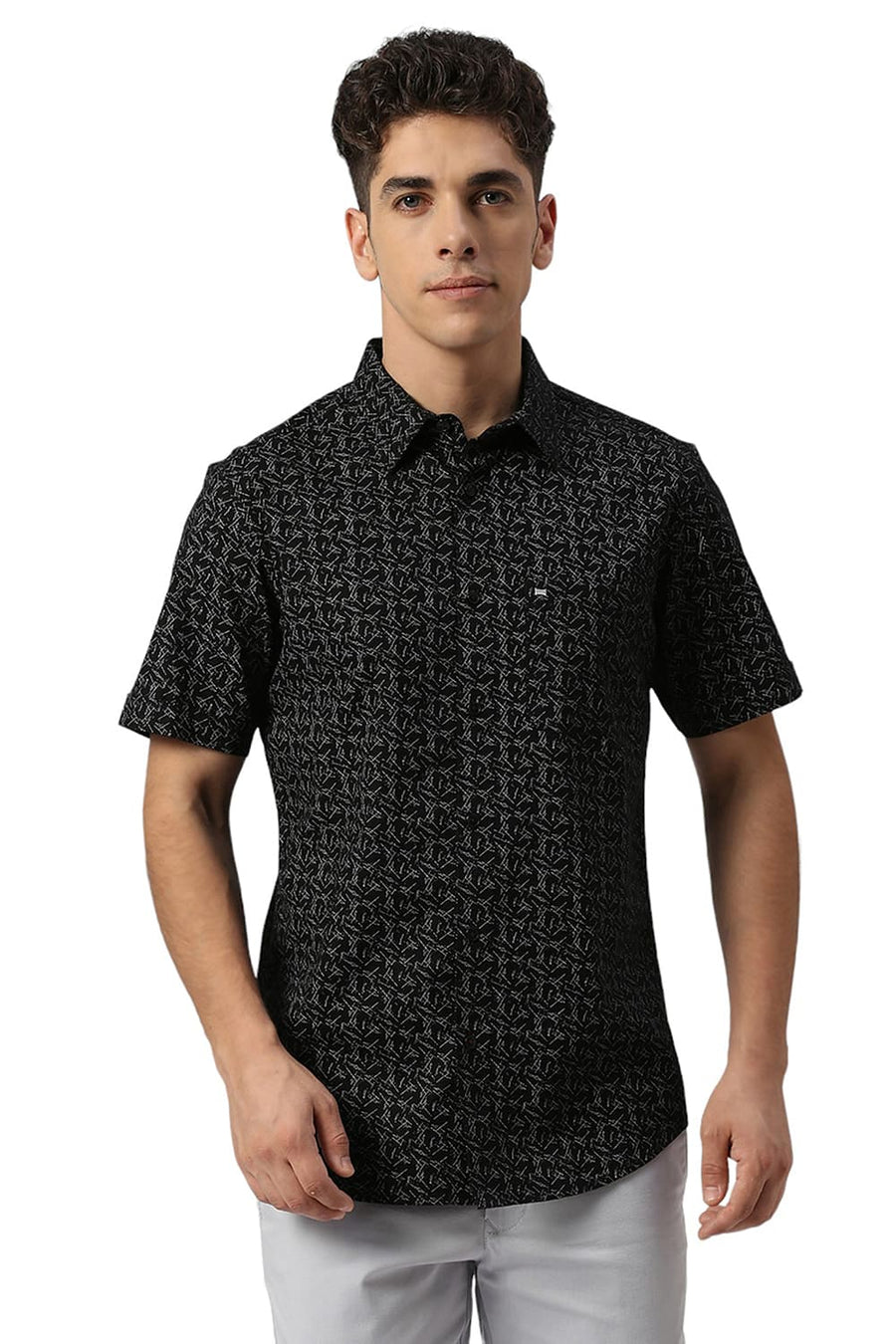 BASICS SLIM FIT MOONLESS BLACK COTTON CREPE PRINTED HALFSLEEVES SHIRT