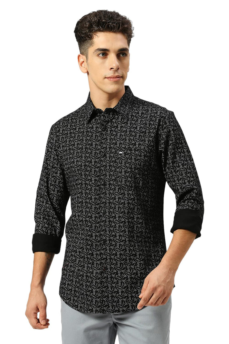 BASICS SLIM FIT MOONLESS BLACK COTTON CREPE PRINTED SHIRT
